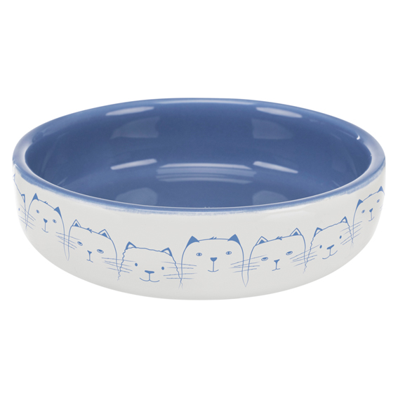 Kattskål för kortnosiga, keramik,0.3 l/ø 15 cm, lj.blå/vit