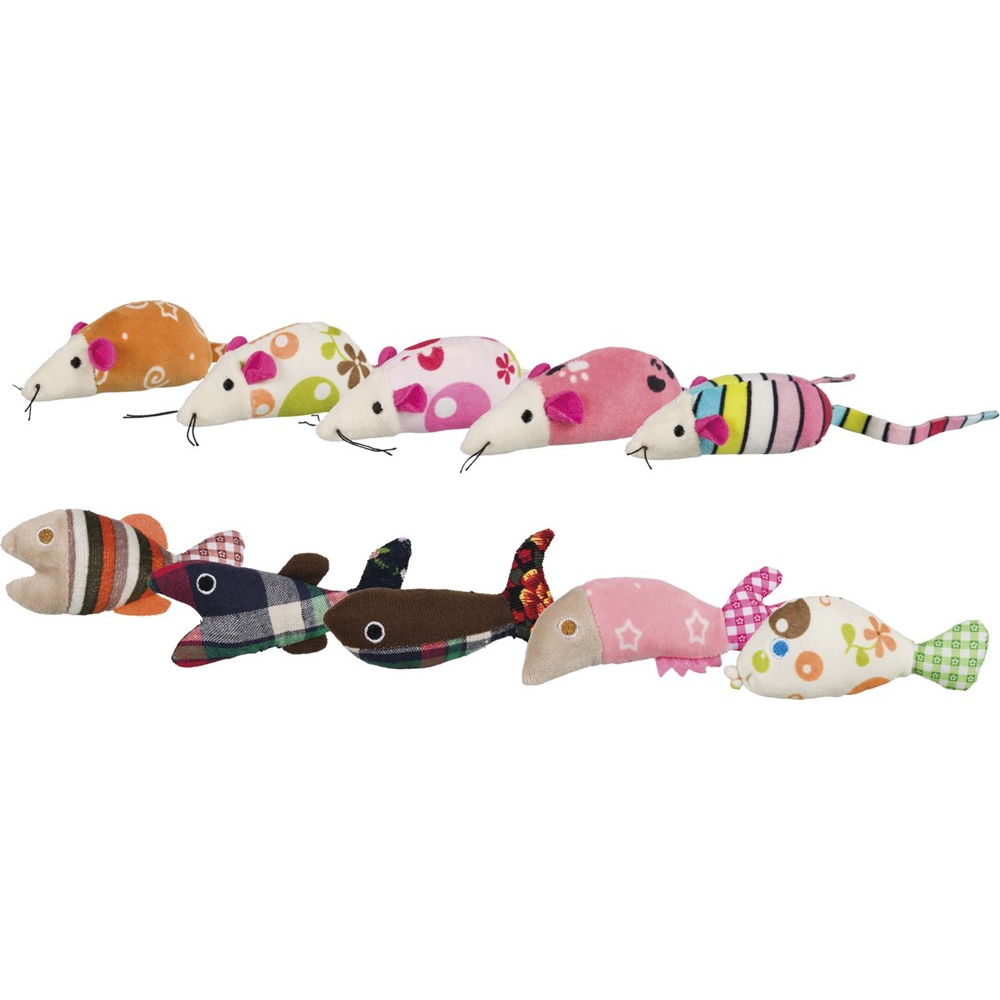 Kattleksak mus/fisk, plysch/tyg, 9-12 cm