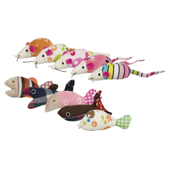 Kattleksak mus/fisk, plysch/tyg, 9-12 cm